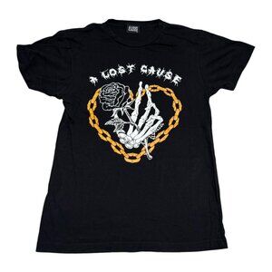 A Lost Cause‎ Skeleton Hand Rose Heart Black Shirt Adult Small